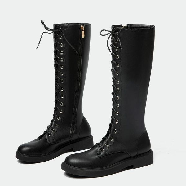 

boots fashion lace up motorcycle women shoes comfortable low heel knee high autumn winter ladies zipper, Black