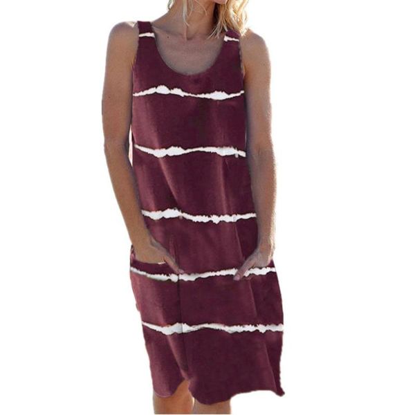 

casual dresses round neck print striped pocket women's summer 2021 dress with strap vest sleeveless loose pullover keen-length, Black;gray