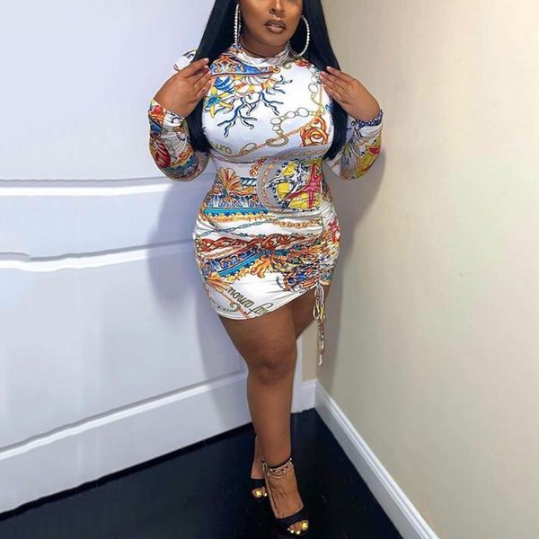 

casual dresses party night club 2022 white printed full sleeve bodycon drawstring fashion elegant evening vestidos mujer dress, Black;gray