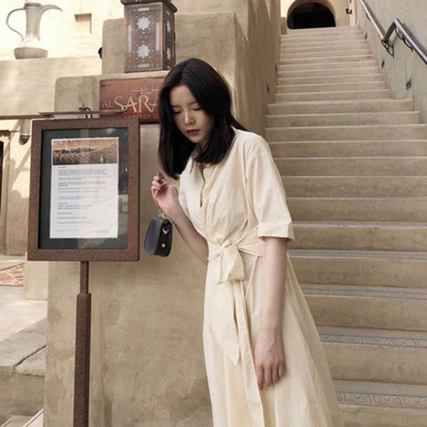 

spring/summer korean casual loose fashion bow dress cotton short sleeves elegant temperament women 210615, Black;gray