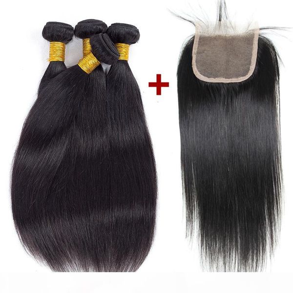 

remy ponytail hair extensions brazilian malaysian peruvian bundle with closure straight human hair wefts with closure 4 pieces weaves, Black