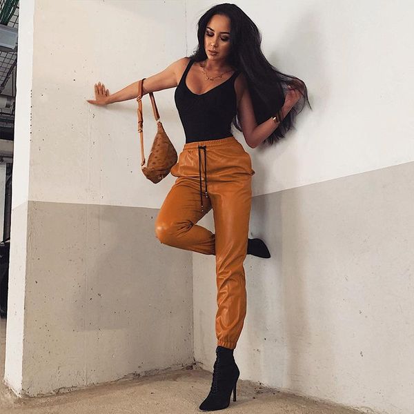

women's pants & capris vintage drawstring pu leather joggers women harem trousers solid color high waist slim long elegant lady sweatpa, Black;white