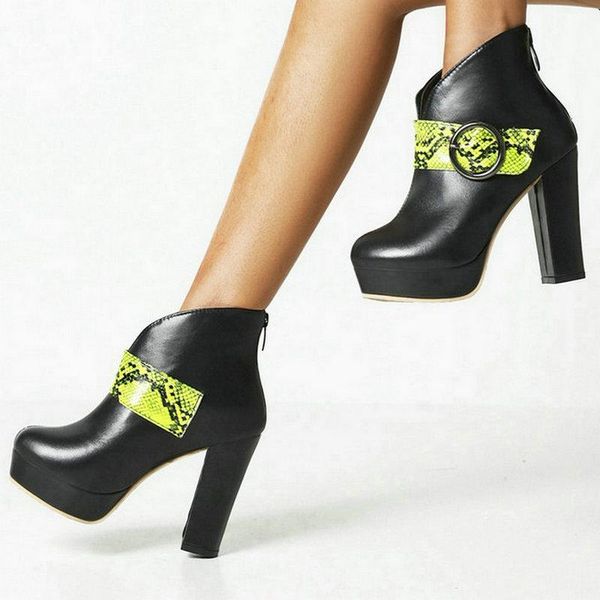 

boots 2021 autumn winter women ankle platform square high heel ladies short fashion buckle round toe women's big siz, Black