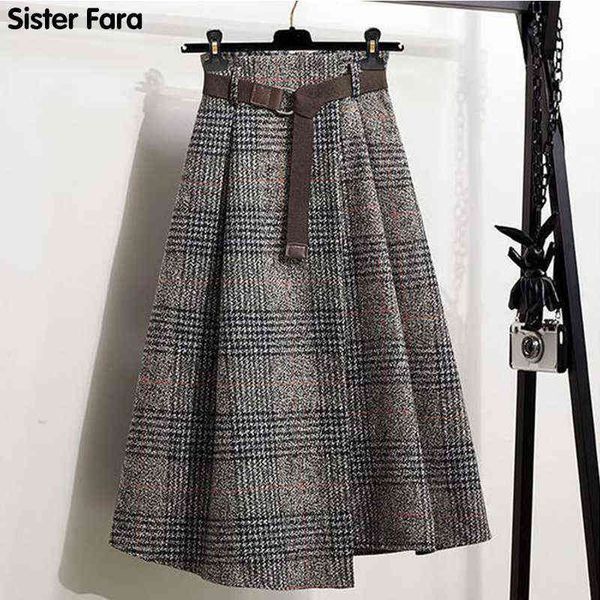 

sister fara autumn plaid asymmetrical long skirt women plus size a-line skirt office lady woolen winter thicken skirts 211120, Black