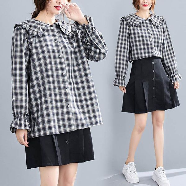 

150kg plus size women's autumn loose doll collar plaid shirt bust 154cm 7xl 8xl 9xl 10xl sweet elegant shirt, White