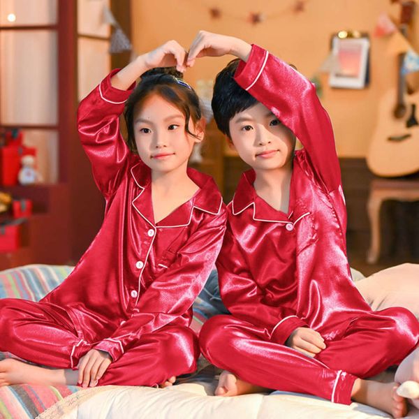 

cardigan lapel imitation silk men's women's middle and large home wear spring autumn new long sleeve children's suit, Blue;red