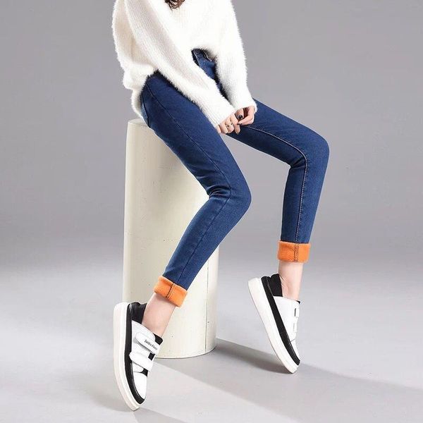 

women's jeans fleeces pants 2021 winter solid warm fashion thickening denim pencil skinny streetpant 3 colors p9162, Blue