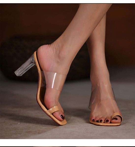 

large size women's transparent square head high-heeled toe slip on slippers in summer, Black