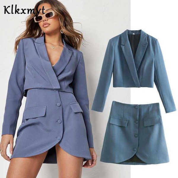 

klkxmyt za two pieces sets women casual cropped blazer jacket+ single-breasted skirts spring autumn solid office wear set 210527, White