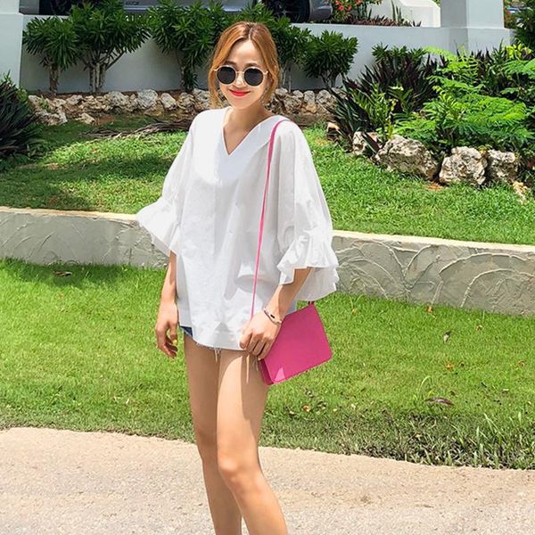 

tvvovvin summer new solid color t-shirt koreab style v-neck flare sleeve casual loose women mid-length ci4n, White