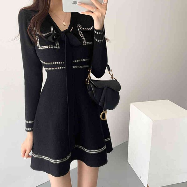 

korean knitted lace-up bow mini dress women long sleeve a-line dresses elegant fashion ladies vestidos femme sweater dress x0521, Black;gray