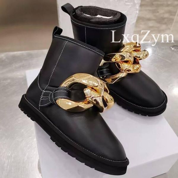 

boots slip onmetal chain round toe flat luxury ankle wool furry warm snow women all match comfortable real leather shoes, Black