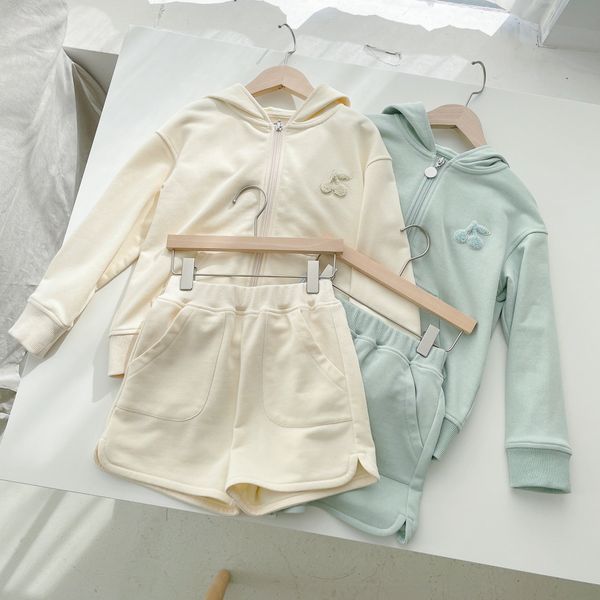 

children's tracksuit kids girls zipper jacket with shorts 2pc/sets cotton casual sportwear clothes, White