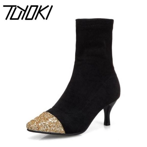 

boots tuyoki women ankle autumn winter fashion bling pointed toe high heels shoes party stretch footwear size 32-43, Black