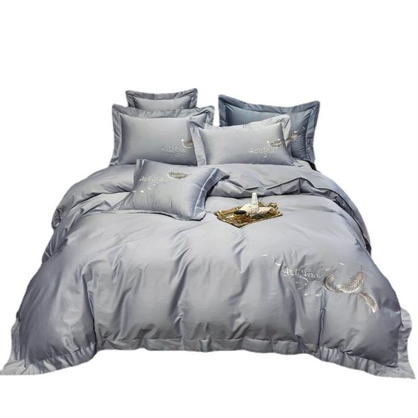 

bedding sets four-piece simple cotton double household bed sheet quilt cover embroidered twill comfortable light gray color