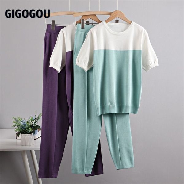 Gigogou Yaz Eşofman Bayan İki Adet Set Chic Kıyafetler Örme Pamuk T Gömlek Yüksek Bel Carri Pantolon Şeker Renk Giyim 210819