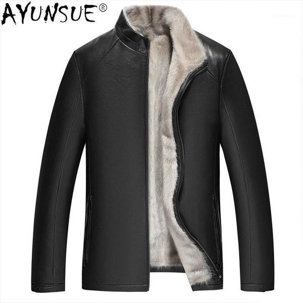 

men's leather & faux ayunsue genuine jacket men clothing winter real goatskin coat thick male jackets ropa de hombre lxr368, Black