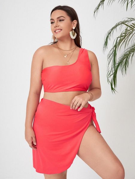 

3pack plus one shoulder bikini swimsuit & beach skirt 63ve#, Black