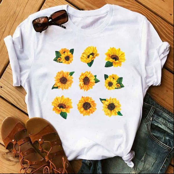 

new t shirts women fashion graphic sunflower print harajuku vogue feamle t shirts casual sleeves tees women clothes, White