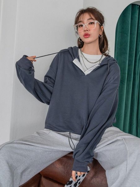 

dazy drop shoulder drawstring hem hoodie without tee i9oi#, White;black