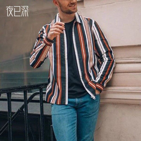 

2021 spring loose stripe long sleeve shirt for men, Gray;blue