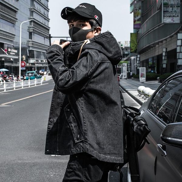 

spring autumn men's denim jacket hooded black blue casual long sleeve coat m21, Black;brown