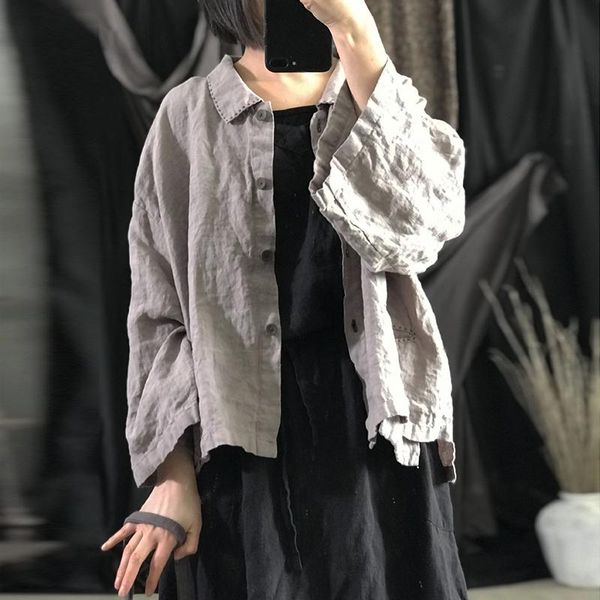 

women's blouses & shirts fairynatural ladies linen retro print full sleeve women loose vintage casual 2021 spring autumn, White