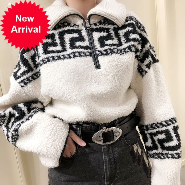 

women and men turn-down collar sweater half zipper retro pattern long sleeve female pullover autumn winter new, White;black