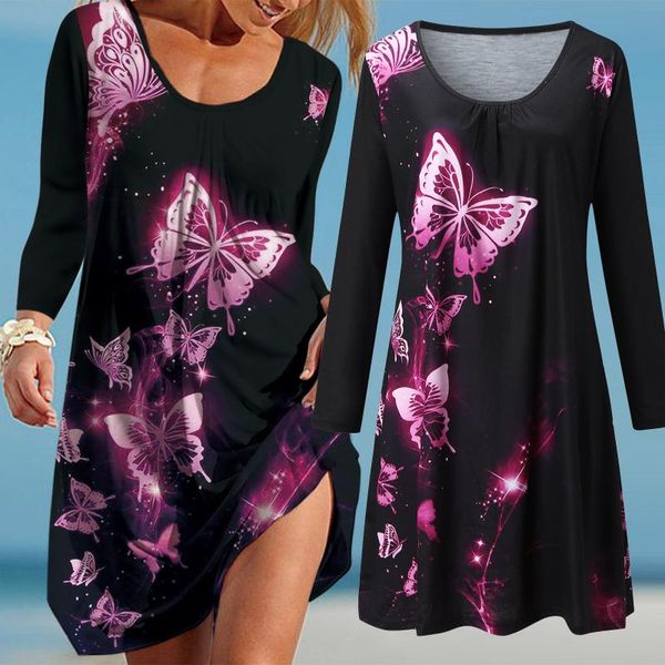 

casual dresses summer boho beach dress woman vintage printing v-neck long sleeves leisure time on vacation sundress robe femme, Black;gray
