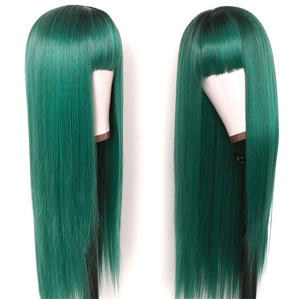

long silky straight synthetic replacement hair wig green ombre silk base wig full neat bangs heat resistant none lace wigs fashion women, Black