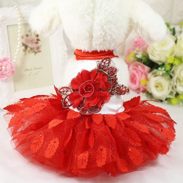 

spring and summer new dog wedding dress shiny tree leaf dress red pet