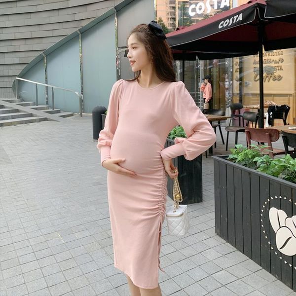 

maternity dresses 847# autumn korean fashion dress drawstring side splits clothes for pregnant women sweet elegant pregnancy, White
