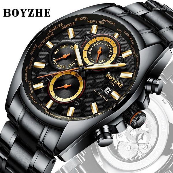 

wristwatches men mechanical watch fashion mens watches brand montre homme clock automatic multi function steel band men's, Slivery;brown