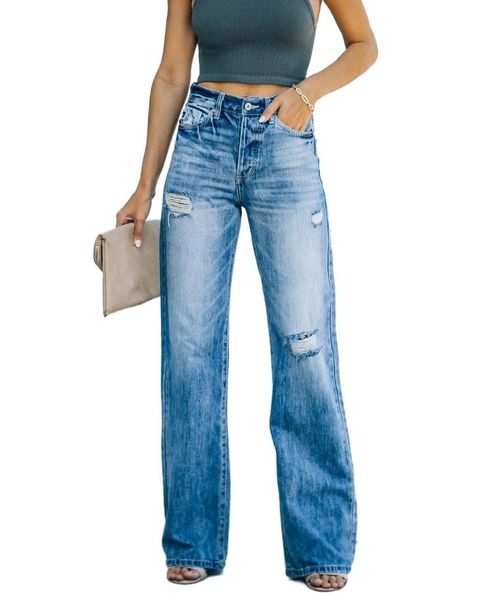 

women's jeans 2021 casual denim wide-leg pants with waist washing holes trousers woman, Blue
