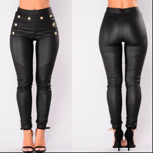 

women pu leather pants stretchy push up pencil skinny black button high waist slim fit trousers, Black;white