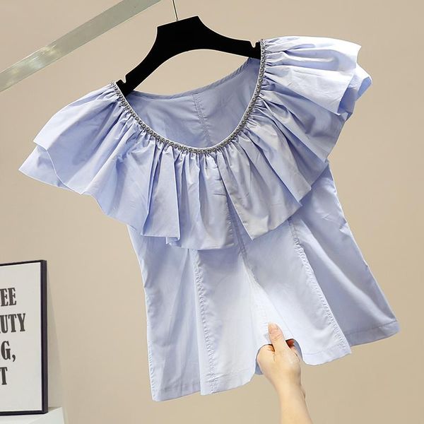 

women's blouses & shirts exquisite rhinestone sweet lotus leaf irregular collar pullover shirt women crop solid color blouse blusas muj, White