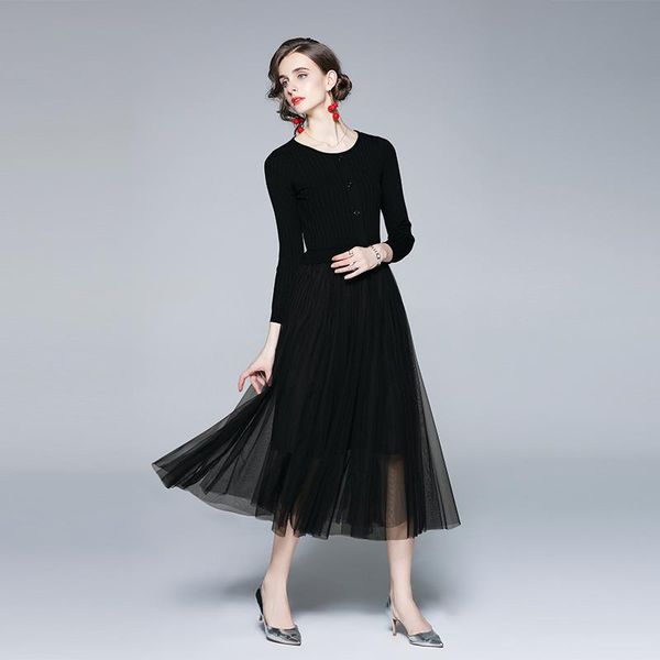 

casual dresses 2021 women office lady a-line patchwork mid-calf autumn knitting cotton o-neck elegant, Black;gray