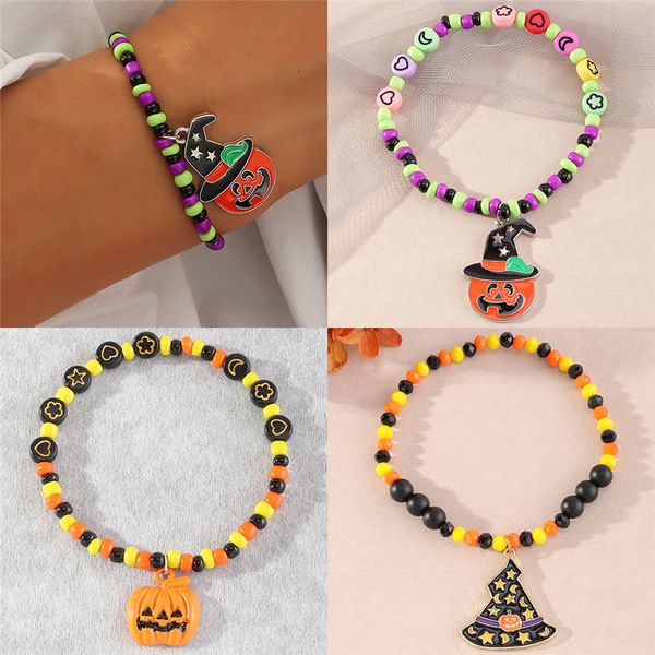 Halloween frisado fios pulseiras pulseiras liga de jóias esmalte abóbora chapéu colorido grânulos charme pulseira para mulheres festa