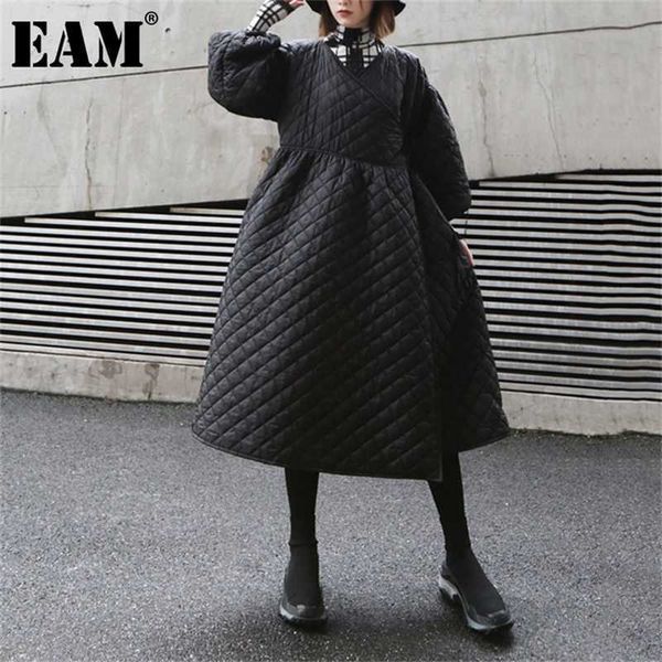 

[eam] bandage warm irregular cotton-padded coat long sleeve loose fit women parkas fashion autumn winter 1dd0731 210927, Black