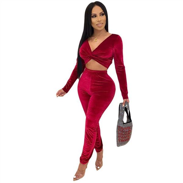 

two piece dress set v neck crop matching women clothing autumn winter long sleeve t shirt skinny pants, White
