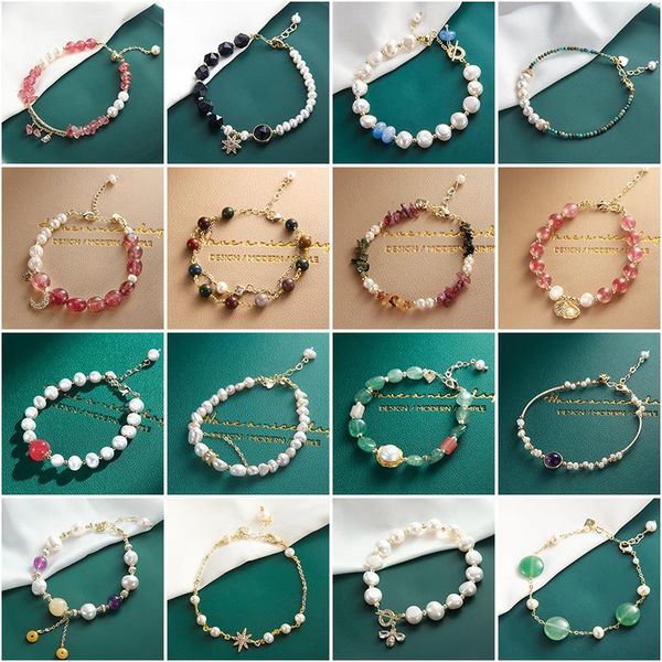 

link, chain luokey vintage natural pearl bracelets for women gold plated temperament wedding luxury jewelry handmade crystal gifts, Black