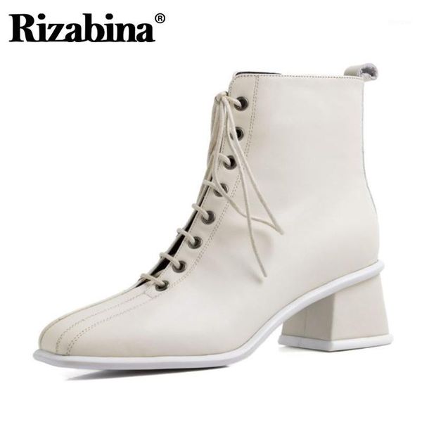 

boots rizabina women shoes genuine leather ankle thick heel cross strap square toe daily ladies footwear size 34-391, Black