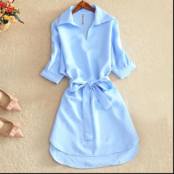 

shirts women 2021 summer casual dress fashion office lady solid chiffon dresses for women sashes tunic ladies vestidos femme, Black;gray