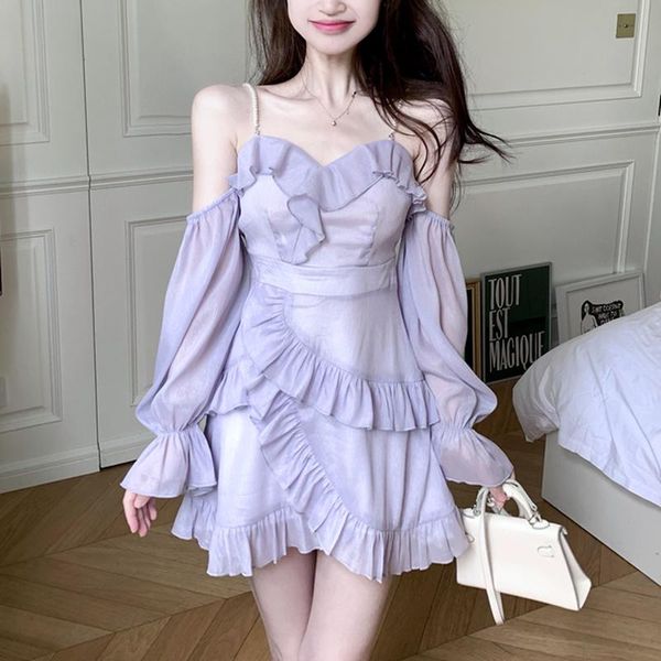 

casual dresses mini off shoulder ruffle dress women starp elegant vintage bodycon korean one piece sklinky corset 2021, Black;gray