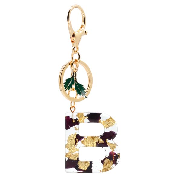 

new fashion english letter keychain resin flowers black rose petal foil filling pendant key chain handbag charms for woman, Silver