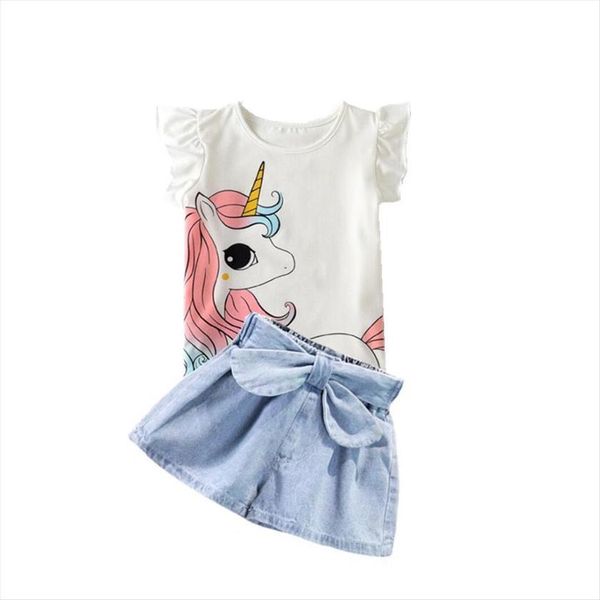 

summer kids clothes fashion unicorn flying sleeve shirt amp bow tie denim shorts 2 pieces cute toddler girls outfits set, White
