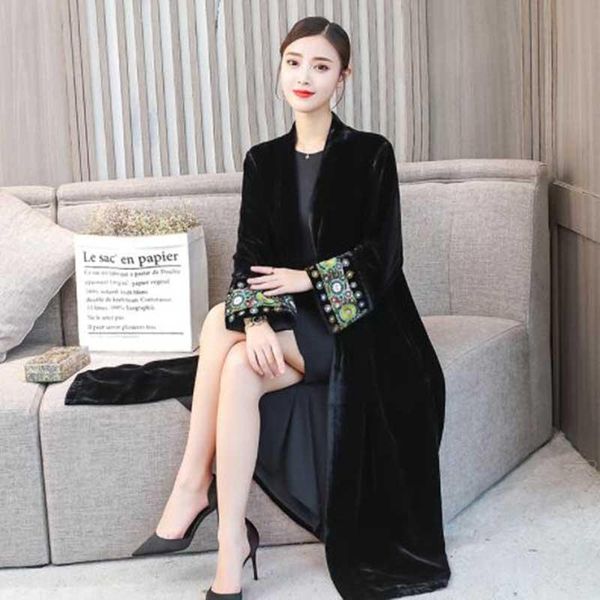 

women's jackets 2021 spring chinese troditional velet embroidery loose long knitwear cardigan women coat sleeve, Black;brown