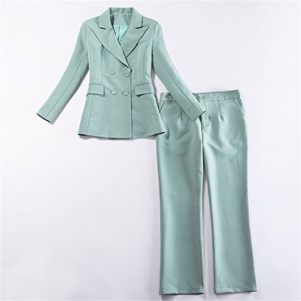 

light green suit female korean style autumn and winter high-end professional wear temperament 2-piece 210527, White