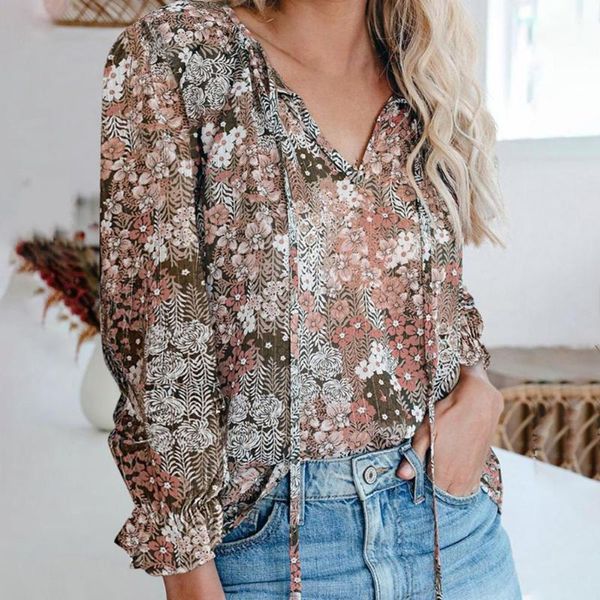 

women's blouses & shirts drawstring chiffon blouse women floral print long sleeve spring autumn v neck korean style female shirt, White
