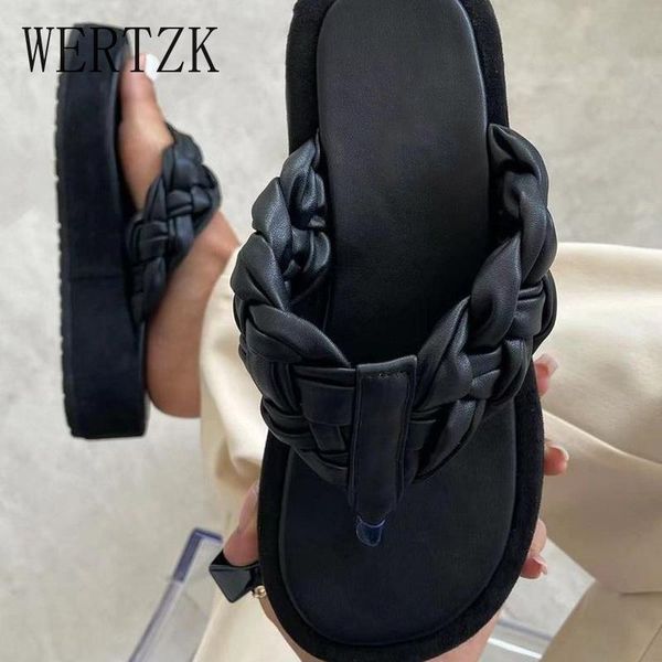 

slippers women platform flip flops 2021 summer woman weave ladies casual wedges female beach shoes women's slides plus size 43, Black